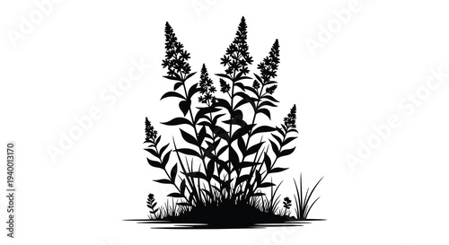 A striking black floral arrangement depicts several flowering plants with lush foliage presented as a silhouette high quality