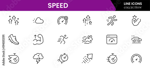 Speed and performance icon set. Containing fast, productivity, indicator, turbo, speeding and speedometer icons. Thin line icon collection. Vector illustration.