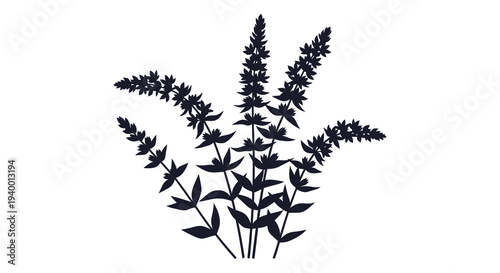 A striking black silhouette depicts a cluster of wildflowers and foliage creating a bold botanical statement silhouette