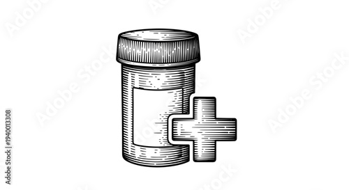 Hand drawn sketch of a prescription medicine bottle with a plus sign, symbolizing healthcare, pharmacy, and medical treatment.