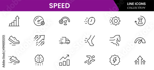 Speed and performance icon set. Containing fast, productivity, indicator, turbo, speeding and speedometer icons. Thin line icon collection. Vector illustration.