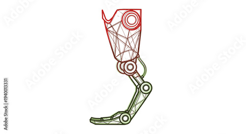 Wireframe prosthetic leg with mechanical joints and futuristic design, isolated on white background