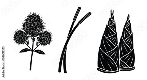A striking black and white botanical illustration featuring thistle grasses and coniferous trees in silhouette high quality professional detailed modern