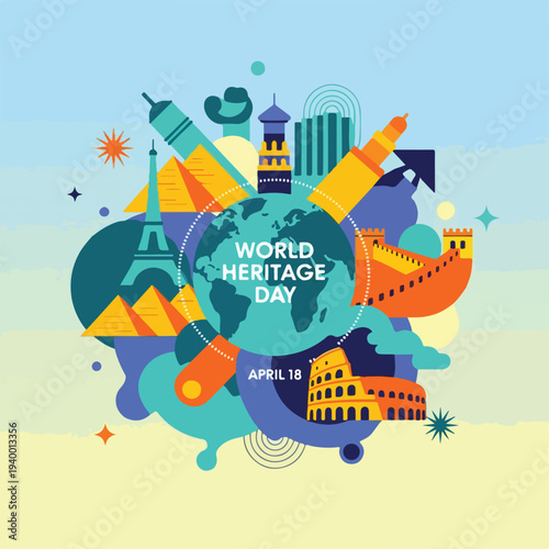 Colorful illustration celebrating World Heritage Day with landmarks