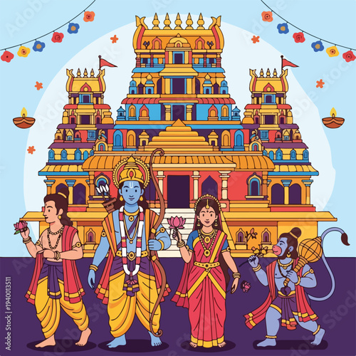 Colorful illustration depicting traditional figures and temple in an indian style