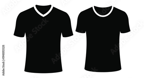 Two black t shirts are displayed against a white background showcasing different necklines in a flat silhouette high quality