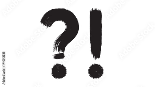 Question mark and exclamation point brush strokes with distressed texture and a solid circle at the bottom of each symbol.