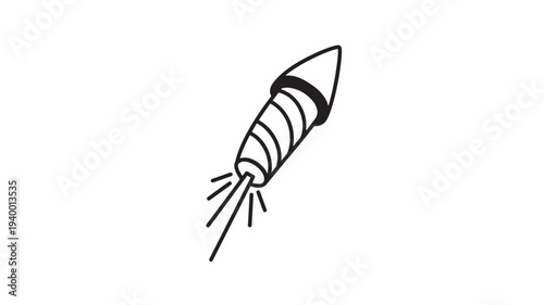 Firework rocket hand-drawn icon with black lines and white background, celebrating a festive event with a spark trail.