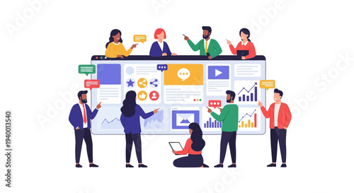 Group of people collaborating around a large screen displaying various charts and graphs in a modern office environment from a slightly elevated viewpoint
