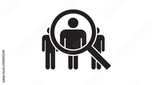 Magnifying glass over a group of people silhouettes, symbolizing recruitment and searching for talent in a crowd.