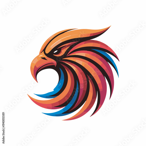 eagle head illustration, a powerful avian raptor emblem with bold, flowing colorful feathers, ideal for modern brand identity
