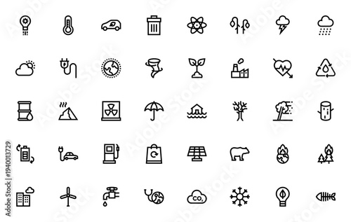 Climate Change icon set. Vector illustration pack featuring energy, temperature, eco car, trash, plants, ozone layer, recycle, solar panel, wind mill, carbon dioxide and more.