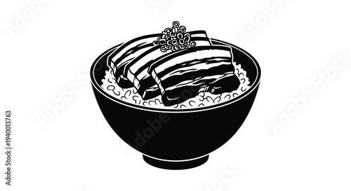 A striking black and white illustration depicts a bowl of rice topped with pork belly presented as a silhouette