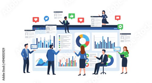 Professionals analyzing business data on various charts and graphs in a modern office setting