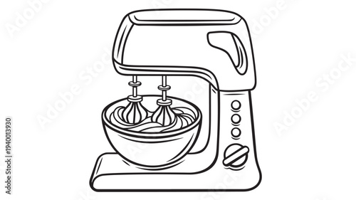 Stand mixer with bowl and beaters filled with whipped cream, hand-drawn outline illustration for baking.