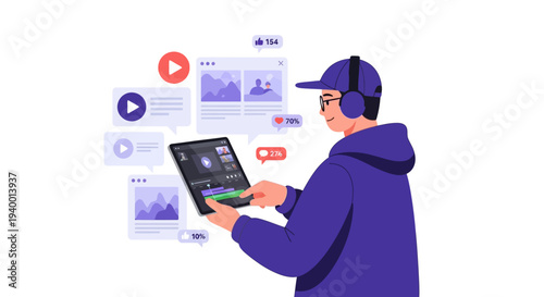 A person wearing headphones and holding a tablet with various media elements surrounding them