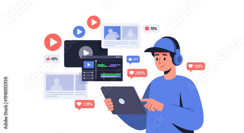 A person is working on a laptop surrounded by social media interfaces and content creation tools