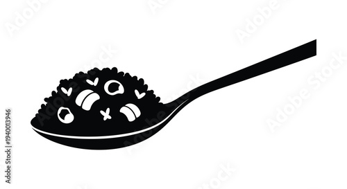 A stark black silhouette depicts a spoonful of breakfast cereal showcasing a simple yet effective visual silhouette