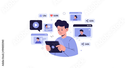 A young adult engaging with social media on a digital device in a modern setting viewed from the side