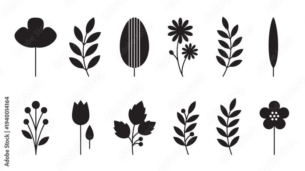 Fototapeta premium Floral and leaf silhouette icon set with minimalist design, featuring simple botanical elements and natural motifs for graphic design.