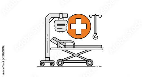 Minimalist line art illustration of hospital medical equipment, including a stretcher, IV pole, and a cross symbol, representing healthcare and emergency services.