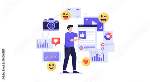 A man interacts with digital media and social icons in a virtual environment