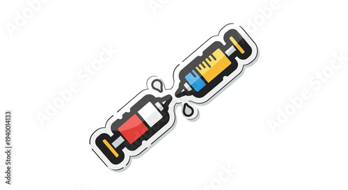 Vibrant sticker illustration featuring two cartoon syringes with colorful liquids clashing, symbolizing medical concepts, healthcare, vaccination, and treatment.