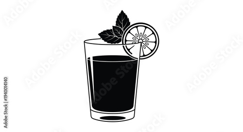 A refreshing black silhouette of a beverage in a glass garnished with citrus and mint leaves silhouette
