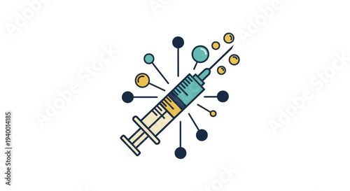 Modern illustration of a syringe with abstract particles, symbolizing medical innovation, vaccination, and scientific research for health and disease prevention.