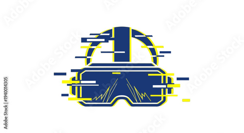 Digital glitch effect on a VR headset icon, representing virtual reality technology and immersive experiences