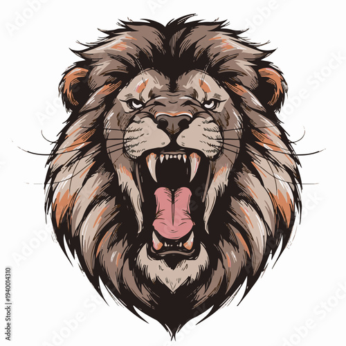 Bold and powerful roaring lion head illustration in a dynamic graphic style, perfect for fierce mascot designs, impactful emblems, and strong brand identity graphics