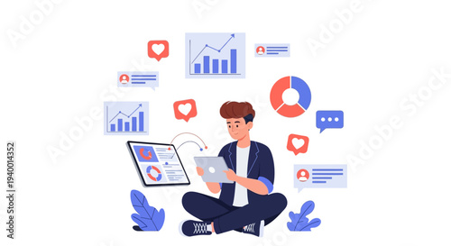 A person sits cross-legged analyzing data on a tablet surrounded by various charts and graphs