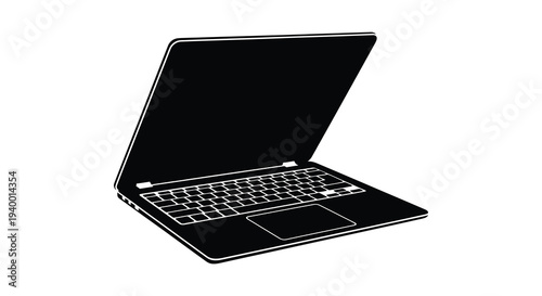 A stark black and white illustration of an open laptop computer showcasing its form in silhouette high quality professional detailed