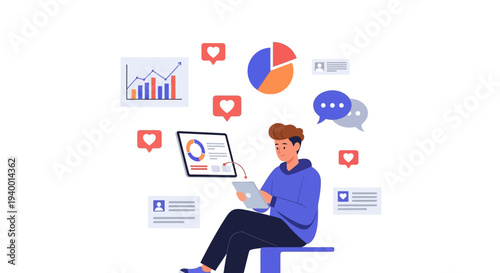 A man sits on a bench analyzing data on a laptop surrounded by various charts and social media icons