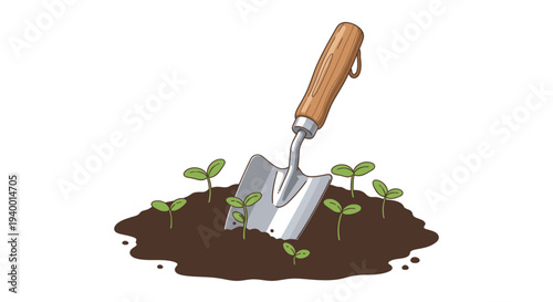Garden Trowel in Soil with Seedlings.