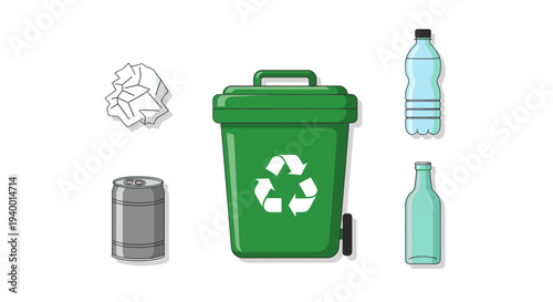 Green Recycling Bin with Cans and Bottles.