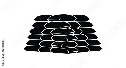 A stacked arrangement of roughly shaped dark sacks is presented in a bold graphic black silhouette high quality