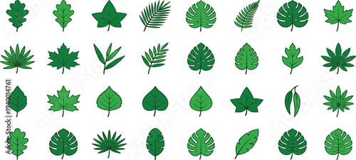 Collection of various green leaves and foliage silhouettes arranged in a grid pattern