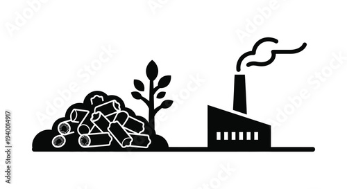 A stark depiction of industrial pollution impacting nature showing a factory trees and smoke a silhouette