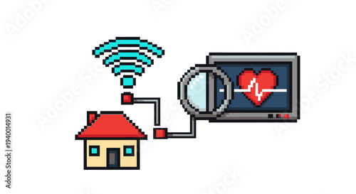 Pixel art illustration of smart home health monitoring system with wifi, heartbeat monitor, and magnifying glass