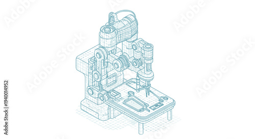 Blueprint illustration of a robotic arm industrial machine on a white background, isometric view