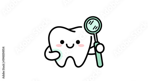 Cute cartoon tooth with a dental mirror, representing dental care and a healthy smile, isolated on white background