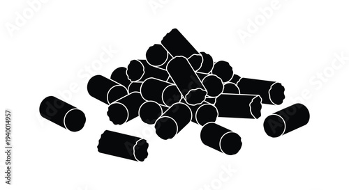 A striking black silhouette depicts a haphazard pile of logs and branches creating a rustic scene silhouette