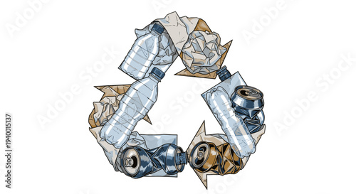 Foto Recycling Symbol Made from Crushed Aluminum Cans.