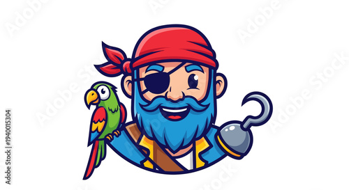 Cartoon pirate character with parrot and hook.