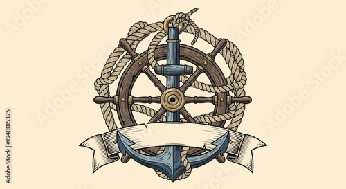 Vintage nautical emblem with anchor and ship wheel illustration.