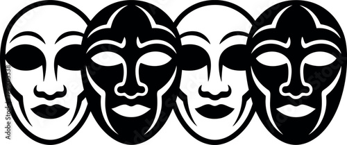 Theatrical masks representing different emotions and characters