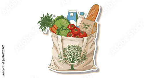 Reusable Bag Filled with Fresh Produce and Bread.