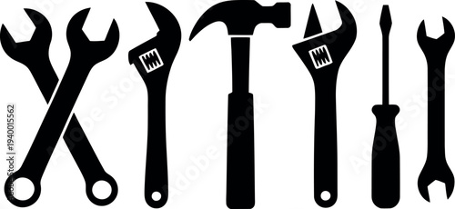 A collection of black silhouettes of tools arranged to spell 'xithi'