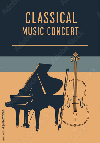 Classical Music Concert Vector Illustration Featuring a Grand Piano and Cello Silhouette with Elegant Design